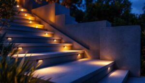 A photograph of a beautifully illuminated staircase at dusk