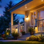 A photograph of a beautifully illuminated porch at dusk