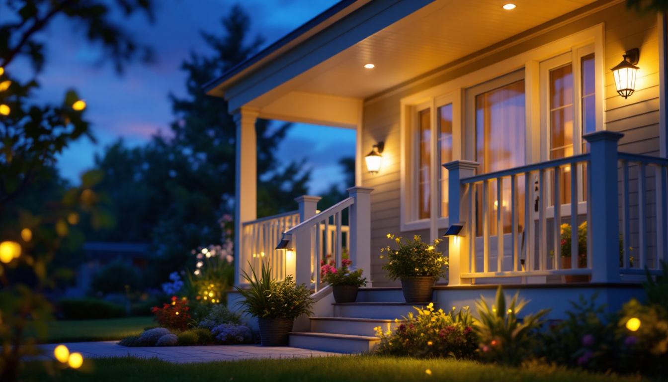 A photograph of a beautifully illuminated porch at dusk