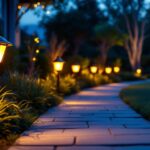 A photograph of a beautifully illuminated pathway lined with stylish solar outdoor lights