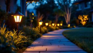 A photograph of a beautifully illuminated pathway lined with stylish solar outdoor lights