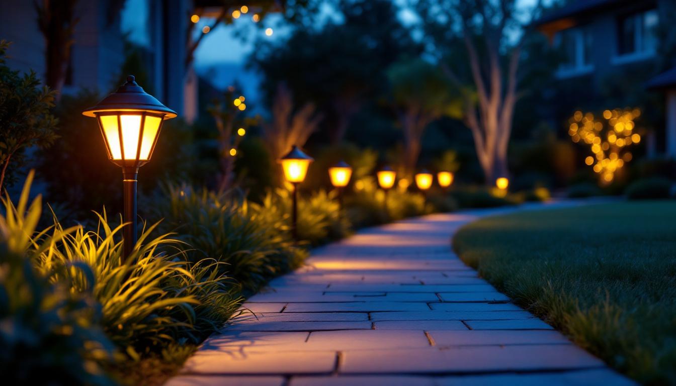 A photograph of a beautifully illuminated pathway lined with stylish solar outdoor lights
