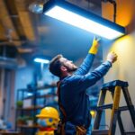 A photograph of a lighting contractor installing an 8-foot led lamp in a commercial space