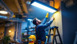 A photograph of a lighting contractor installing an 8-foot led lamp in a commercial space