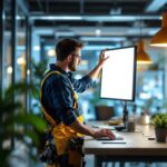 A photograph of a well-lit workspace showcasing a lighting contractor installing 2x2 flat panel led lights in a modern office setting