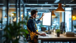 A photograph of a well-lit workspace showcasing a lighting contractor installing 2x2 flat panel led lights in a modern office setting