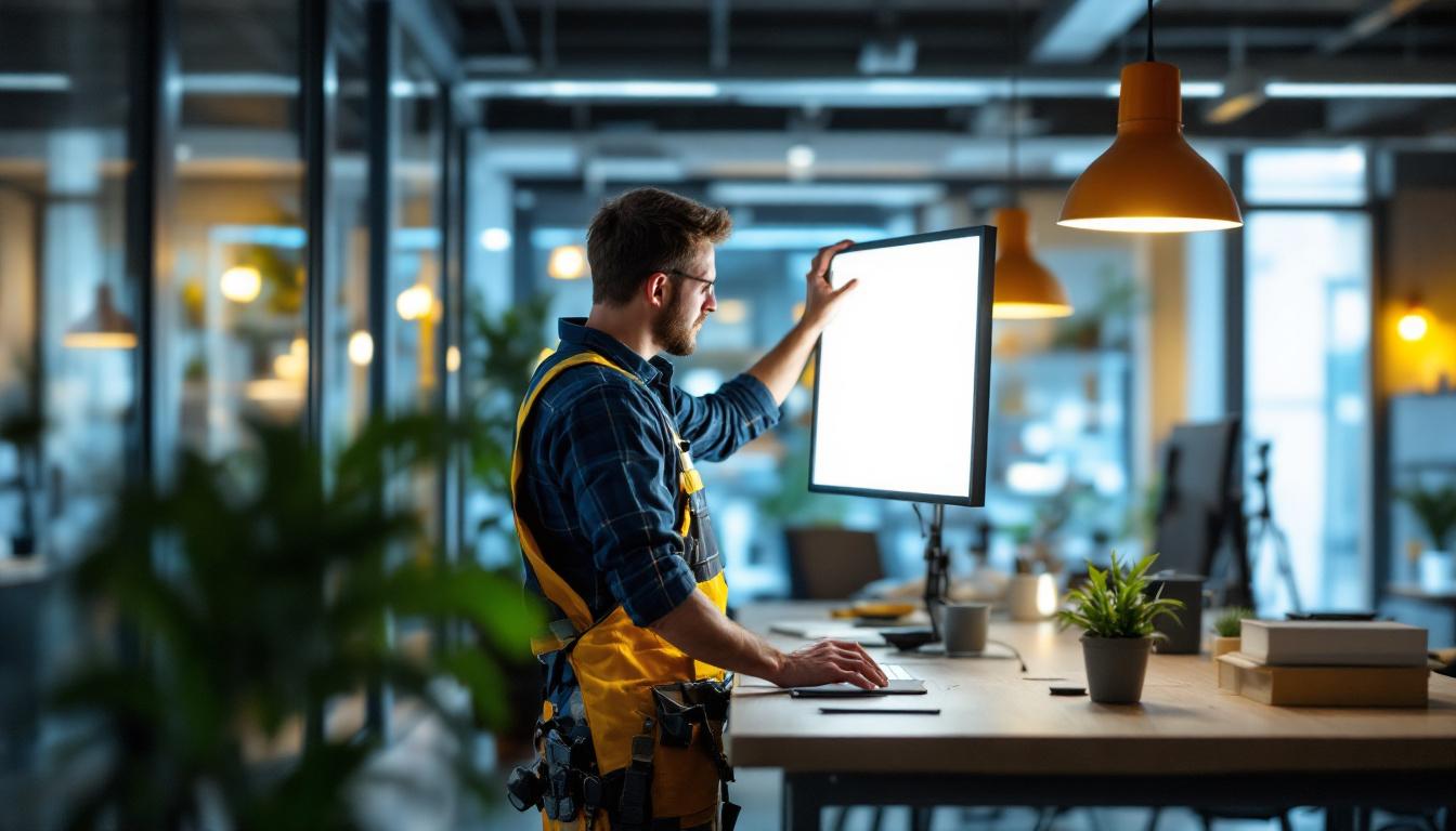 A photograph of a well-lit workspace showcasing a lighting contractor installing 2x2 flat panel led lights in a modern office setting