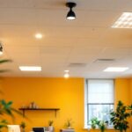 A photograph of a well-lit room featuring a modern drop ceiling with 2x4 light fixtures installed