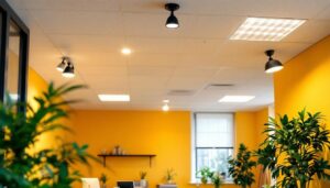 A photograph of a well-lit room featuring a modern drop ceiling with 2x4 light fixtures installed