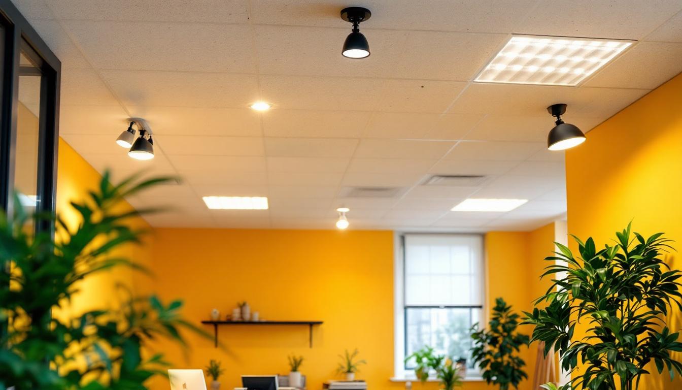 A photograph of a well-lit room featuring a modern drop ceiling with 2x4 light fixtures installed