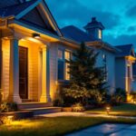 A photograph of a well-lit residential exterior at dusk