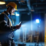 A photograph of a skilled contractor demonstrating the use of portable led lighting in a dynamic work environment