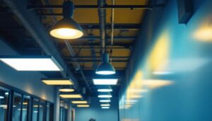 A photograph of a well-lit commercial space showcasing various troffer light fixtures in use
