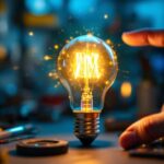 A photograph of a close-up of an incandescent bulb glowing brightly