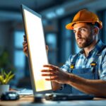 A photograph of a lighting contractor installing or showcasing a sleek