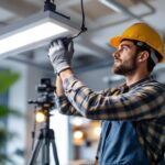 A photograph of a lighting contractor expertly installing or adjusting a grid light in a modern workspace