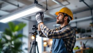 A photograph of a lighting contractor expertly installing or adjusting a grid light in a modern workspace
