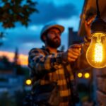 A photograph of a lighting contractor installing a solar edison bulb in an outdoor setting