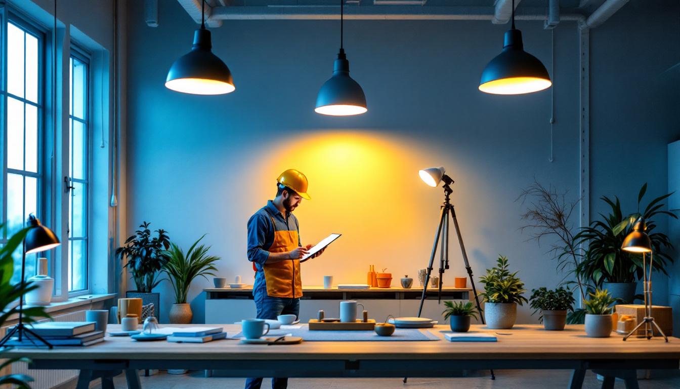 A photograph of a well-lit office space showcasing various types of led lighting fixtures