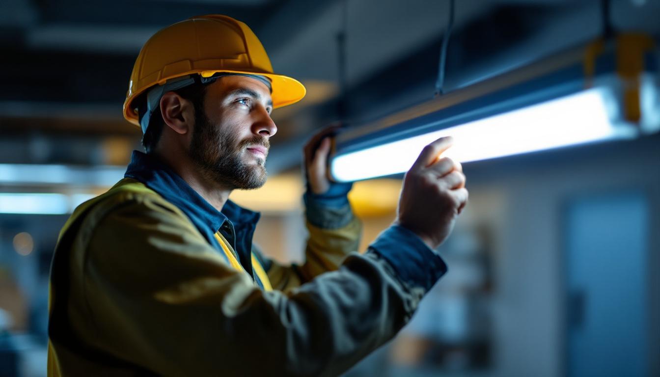 A photograph of a lighting contractor installing or examining led t5 lamps in a commercial or residential setting