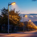 A photograph of a well-lit outdoor scene featuring various light poles in use during twilight