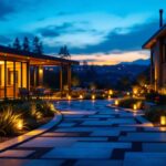 A photograph of a beautifully illuminated outdoor space at dusk featuring solar power flood lights in action