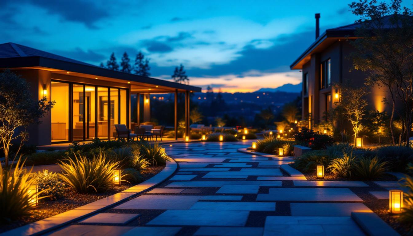 A photograph of a beautifully illuminated outdoor space at dusk featuring solar power flood lights in action