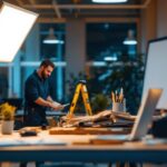 A photograph of a well-lit workspace featuring a 2x2 flat panel led light installed in a commercial setting
