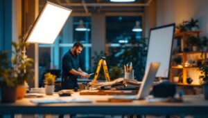 A photograph of a well-lit workspace featuring a 2x2 flat panel led light installed in a commercial setting