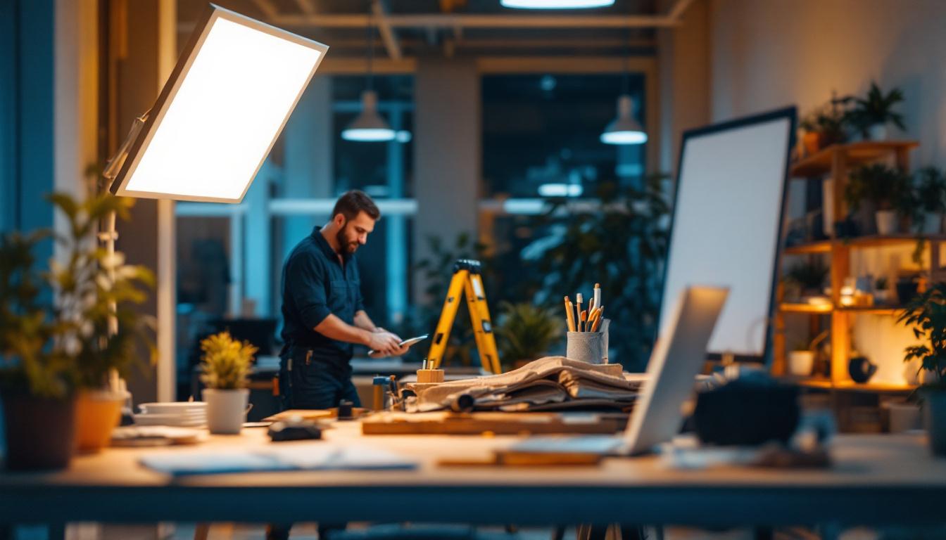 A photograph of a well-lit workspace featuring a 2x2 flat panel led light installed in a commercial setting