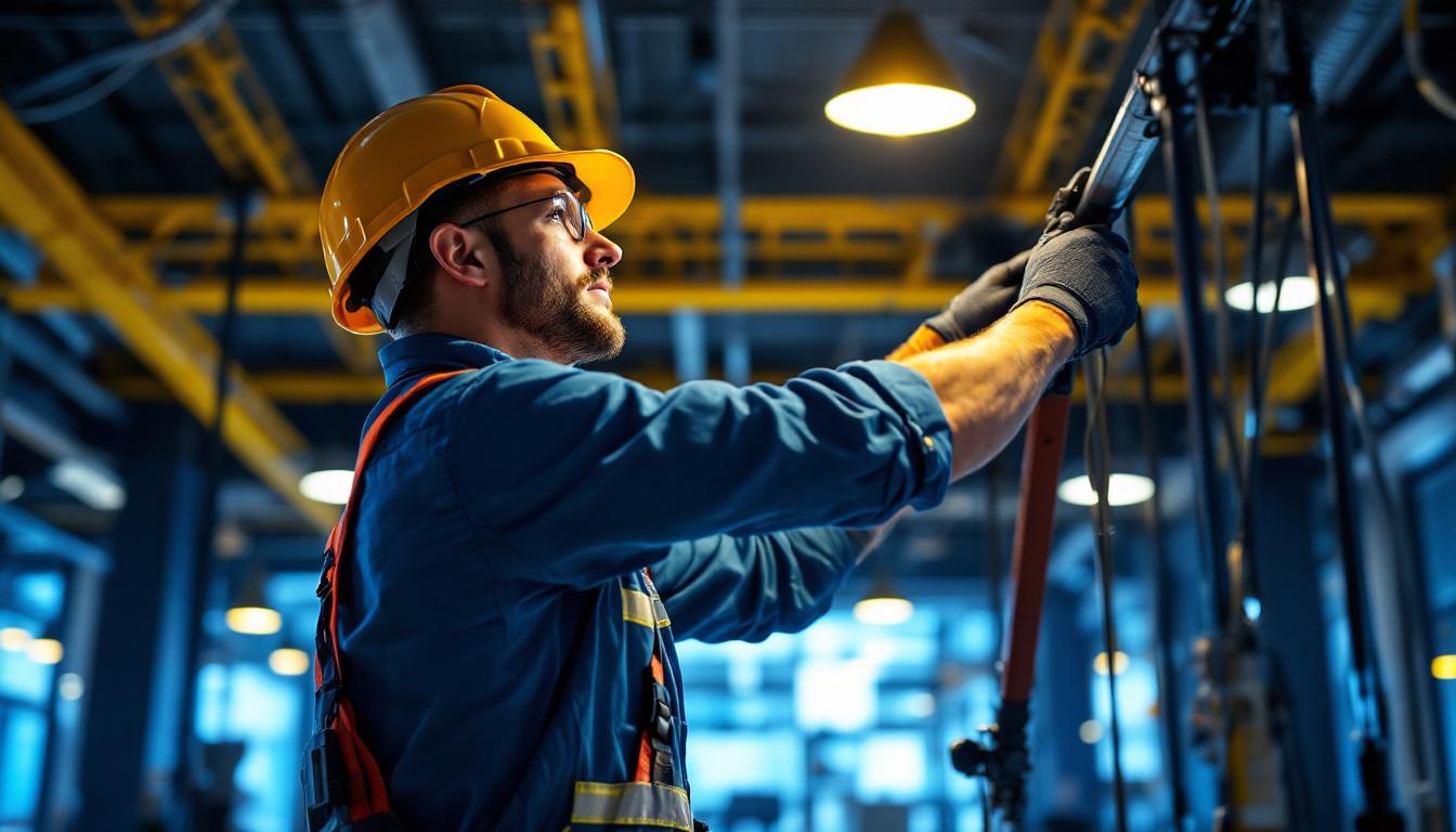 A photograph of a lighting contractor actively engaged in installing or adjusting innovative lighting fixtures in a modern setting