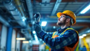 A photograph of a lighting contractor installing or inspecting commercial emergency lights with battery backup in a commercial setting