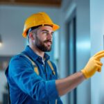 A photograph of a lighting contractor confidently using a digital light switch in a well-lit