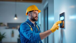 A photograph of a lighting contractor confidently using a digital light switch in a well-lit