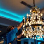 A photograph of a beautifully designed commercial chandelier installed in a modern