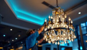 A photograph of a beautifully designed commercial chandelier installed in a modern