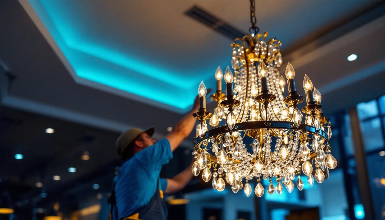 A photograph of a beautifully designed commercial chandelier installed in a modern