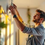 A photograph of a skilled lighting contractor expertly installing or adjusting xtralight fixtures in a stylish residential or commercial space
