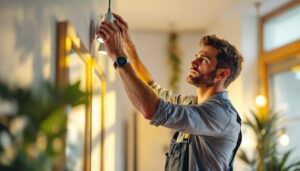 A photograph of a skilled lighting contractor expertly installing or adjusting xtralight fixtures in a stylish residential or commercial space