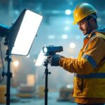 A photograph of a lighting contractor using the lights portable system on a job site