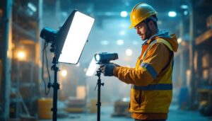 A photograph of a lighting contractor using the lights portable system on a job site