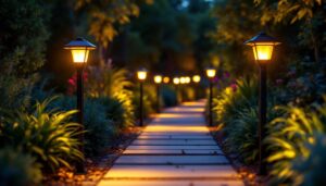 A photograph of a beautifully illuminated outdoor pathway featuring solar-powered path lights in a serene garden setting during twilight