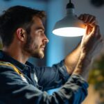A photograph of capture a photograph of a skilled lighting contractor expertly installing or adjusting a stylish modern light fixture in a beautifully lit space