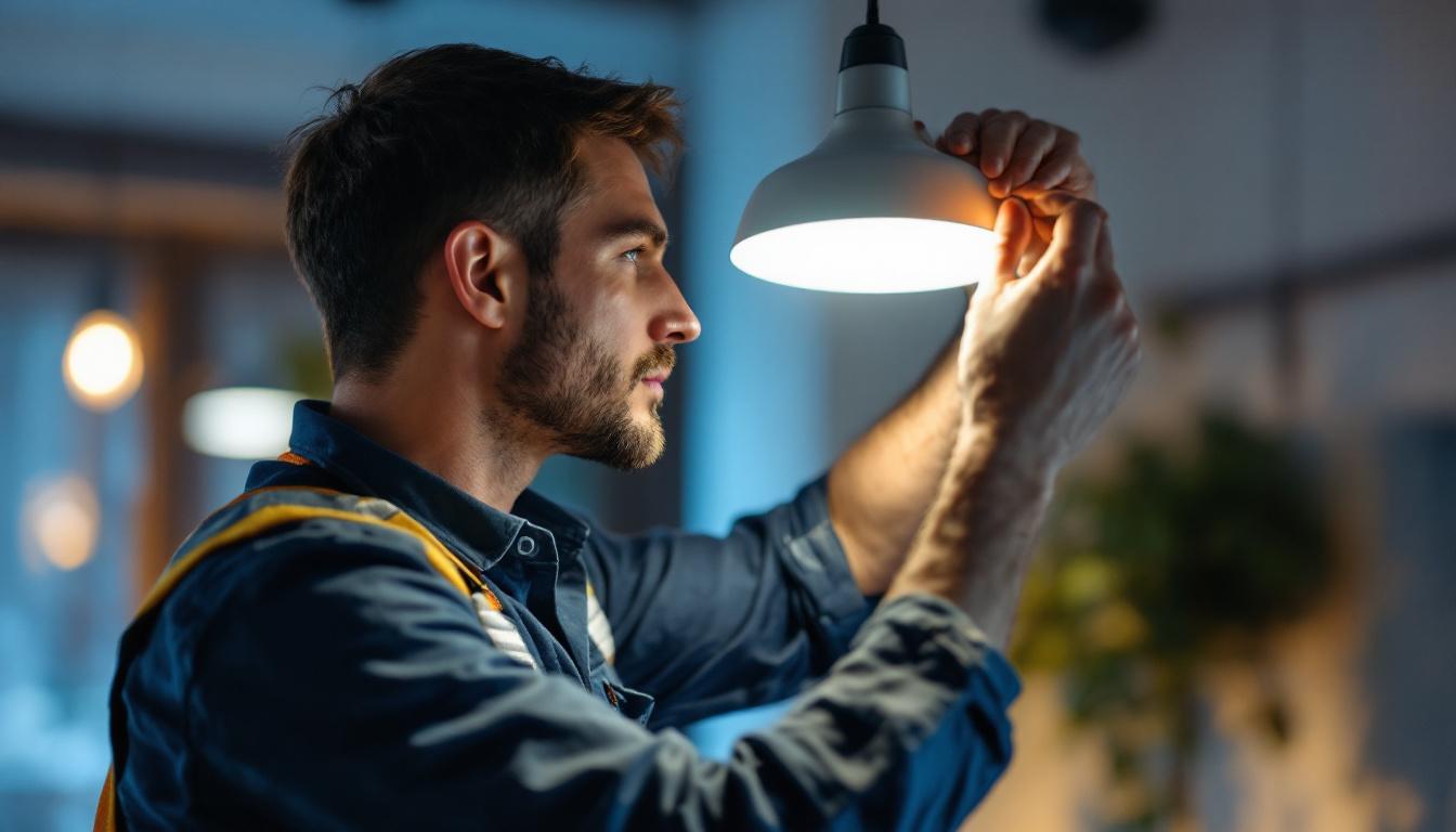 A photograph of capture a photograph of a skilled lighting contractor expertly installing or adjusting a stylish modern light fixture in a beautifully lit space