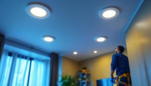 A photograph of a well-lit room featuring stylish 4-inch led recessed lights installed in a modern ceiling