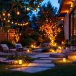 A photograph of a beautifully lit outdoor scene featuring solar light bulbs in various settings