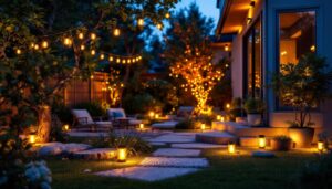 A photograph of a beautifully lit outdoor scene featuring solar light bulbs in various settings