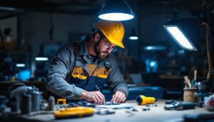 A photograph of a lighting contractor efficiently installing espen lighting products in a well-lit workspace