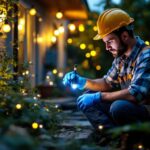 A photograph of a skilled lighting contractor installing led solar lights in a residential garden