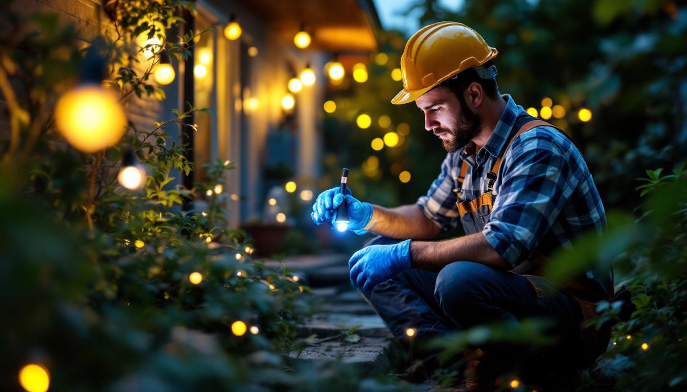 A photograph of a skilled lighting contractor installing led solar lights in a residential garden